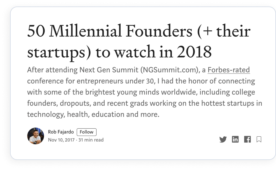Medium article titled 50 Millennial Founders (+ their startups) to watch in 2018 by Rob Fajardo
