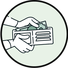 Illustration of hands placing cash into a wallet, representing a cash payment method.