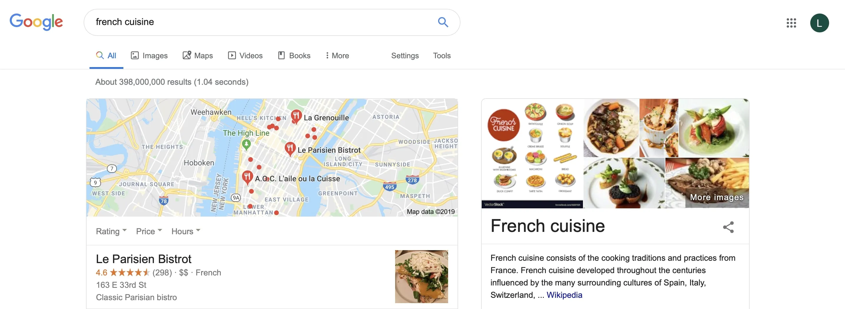 A Google map displaying the location of a restaurant, with on-page SEO tips to optimize visibility.