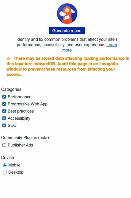 Screenshot of the Lighthouse tool