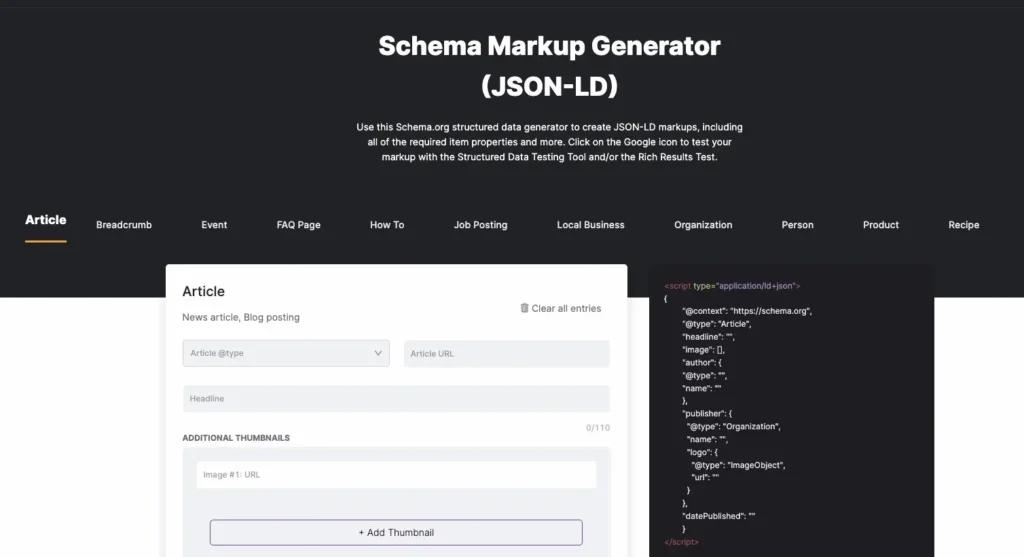 Screenshot of a Schema Markup Generator webpage showing options for generating JSON-LD structured data for articles, with input fields on the left and a JSON preview on the right.