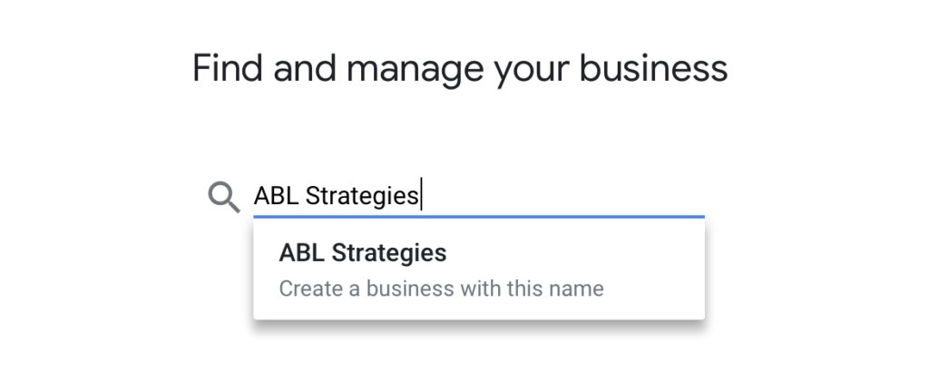 A search bar shows "ABL Strategies" being typed, with a dropdown suggesting to create a business with that name.