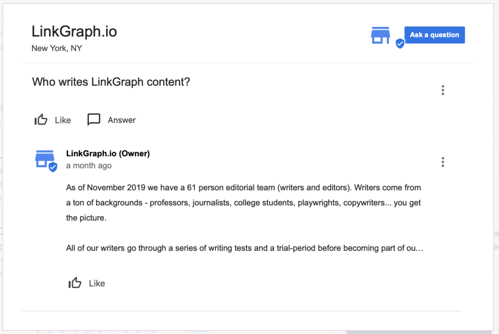 A screen shot of the Google Business Profile page.