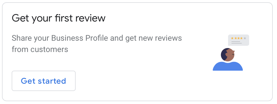 A google business profile with the text 'your first review get new reviews from customers.'