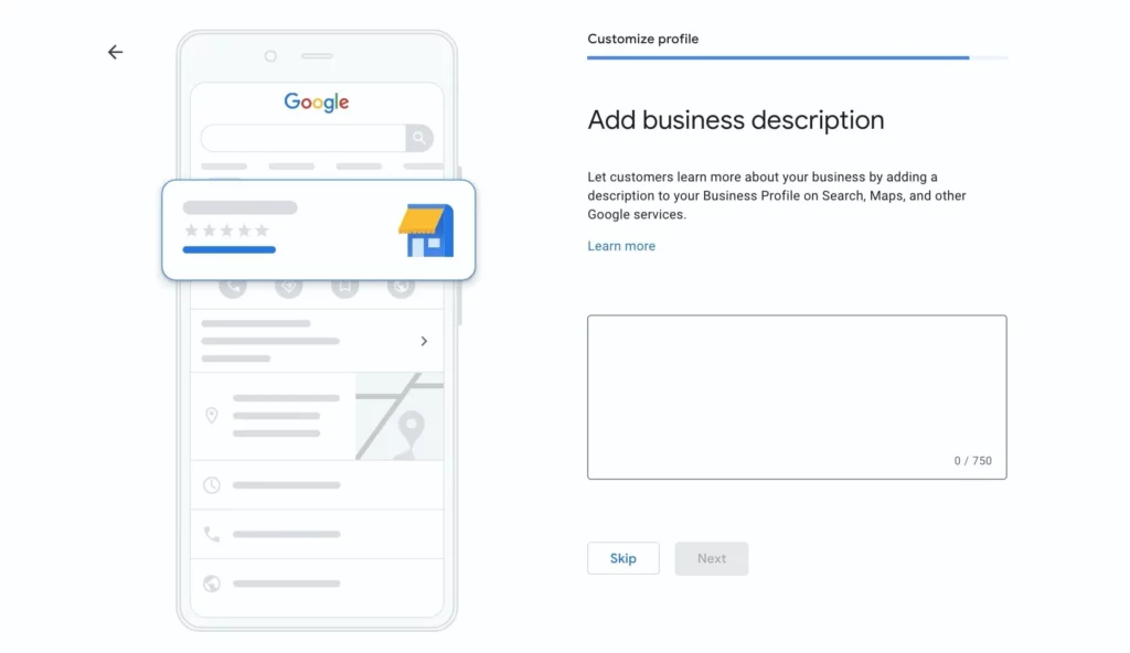 Screenshot of adding description to GBP with phone graphic on left and text box on the right