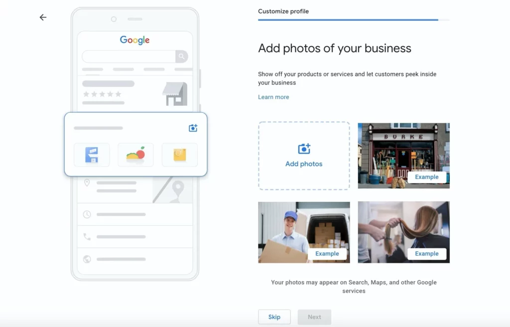 Screenshot of GBP Add photos with phone graphic on left and add photo button on right with 3 example photos
