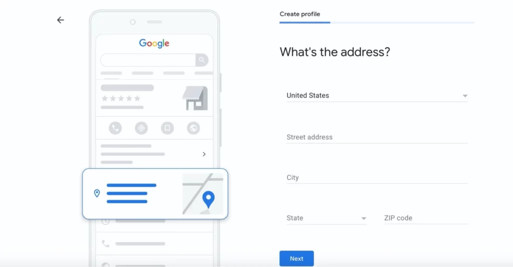 Google Business Profile setup screen prompting the user to enter their address, including country, street address, city, state, and ZIP code. An illustration of a mobile phone display shows a sample business listing layout.