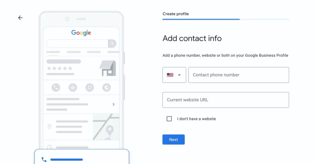 Google Business Profile setup screen prompting the user to add contact phone number and website URL
