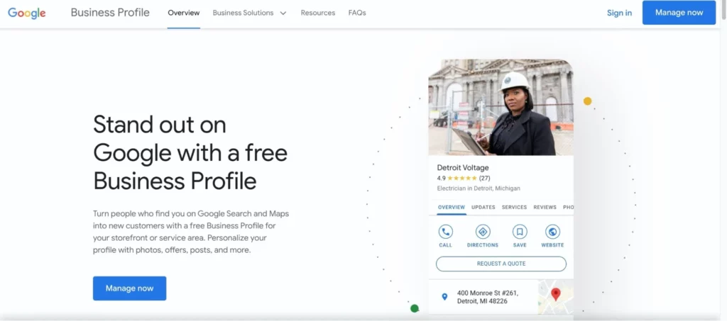 Google Business Profile promotional page encouraging businesses to create a free profile, with an example listing for “Detroit Voltage,” an electrician in Detroit, Michigan.