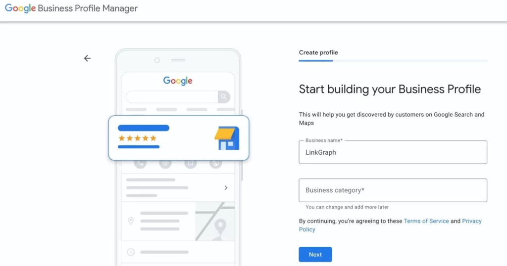 Google Business Profile Manager screen showing business setup with the name LinkGraph