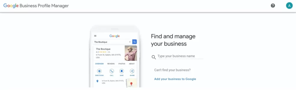 Google Business Profile Manager interface with a search bar to find and manage your business, featuring an example business listing for "The Boutique."