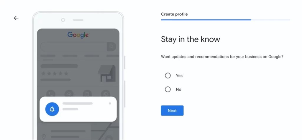 Google business profile setup screen asking if the user wants to receive updates and recommendations, with Yes and No options