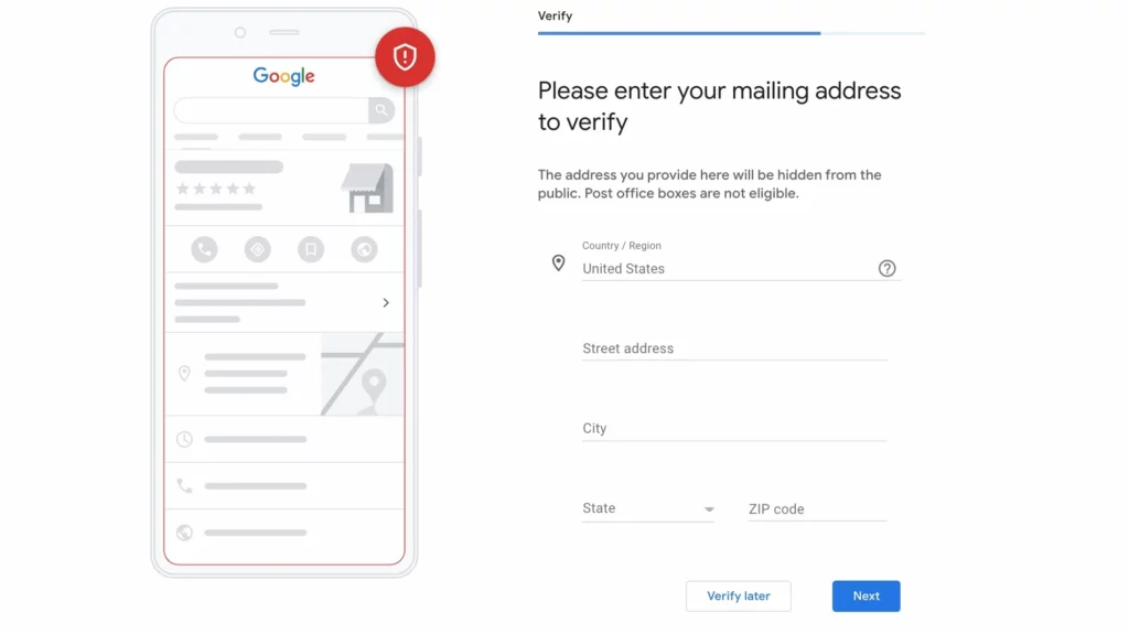 A screenshot of a google verification page asking a user to enter their mailing address details.