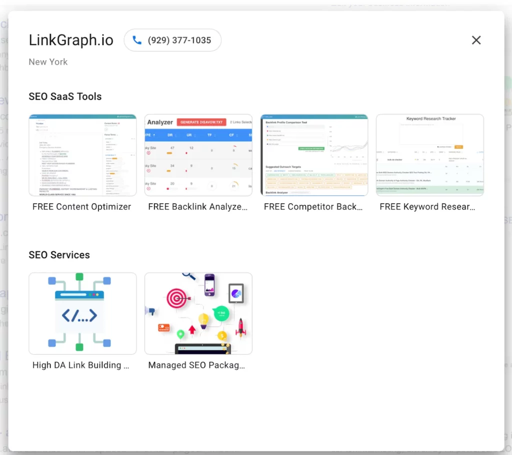 A screenshot of the LinkGrapho dashboard featuring the Google Business Profile.