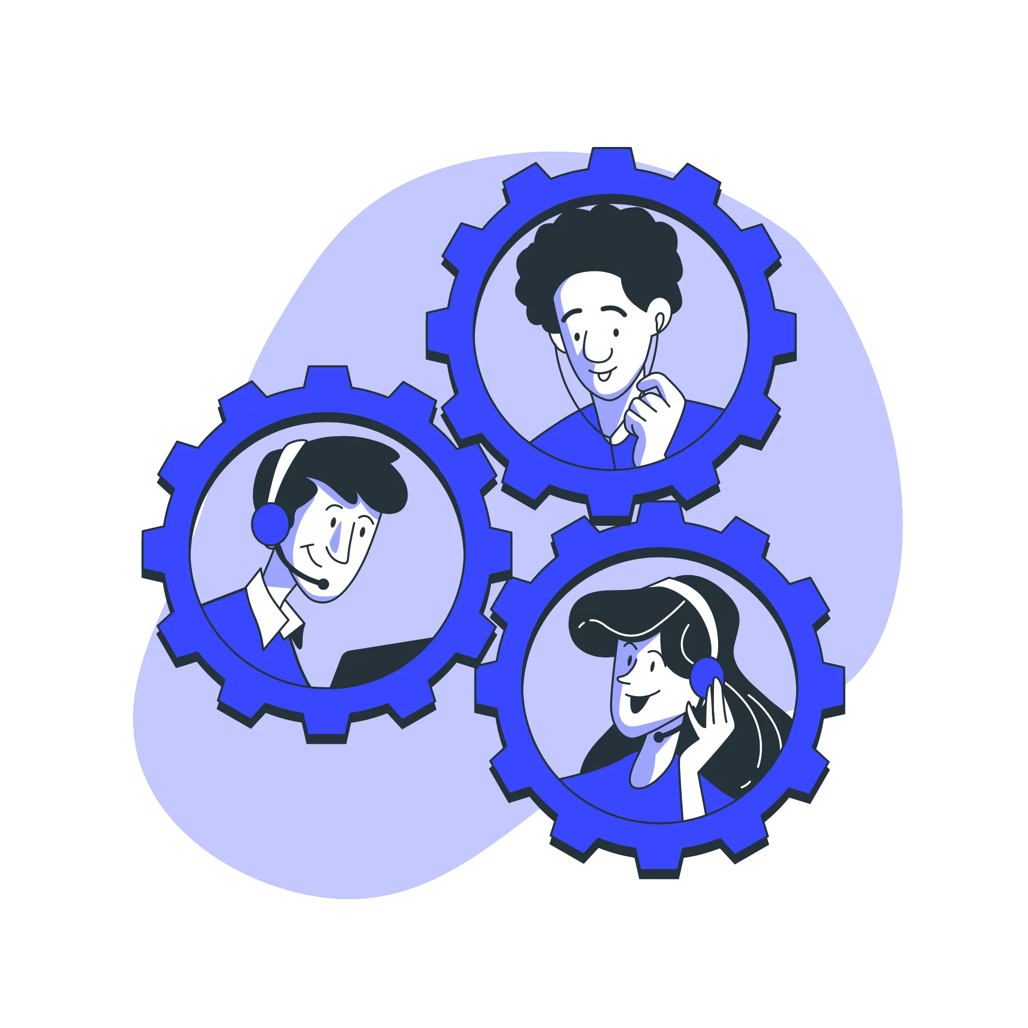 Three individuals in blue attire conversing with each other.