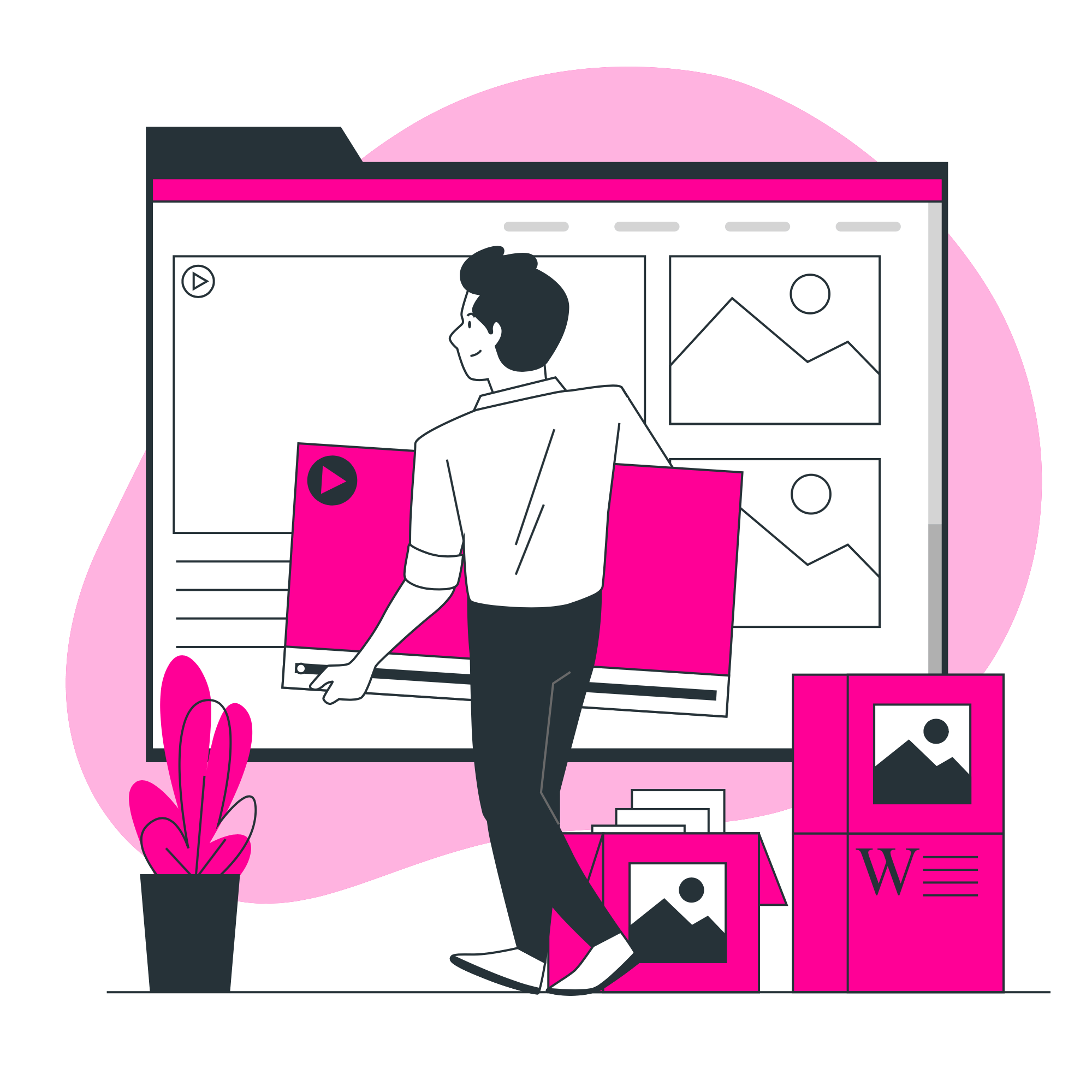 A man standing in front of a pink screen for On-Page SEO services.