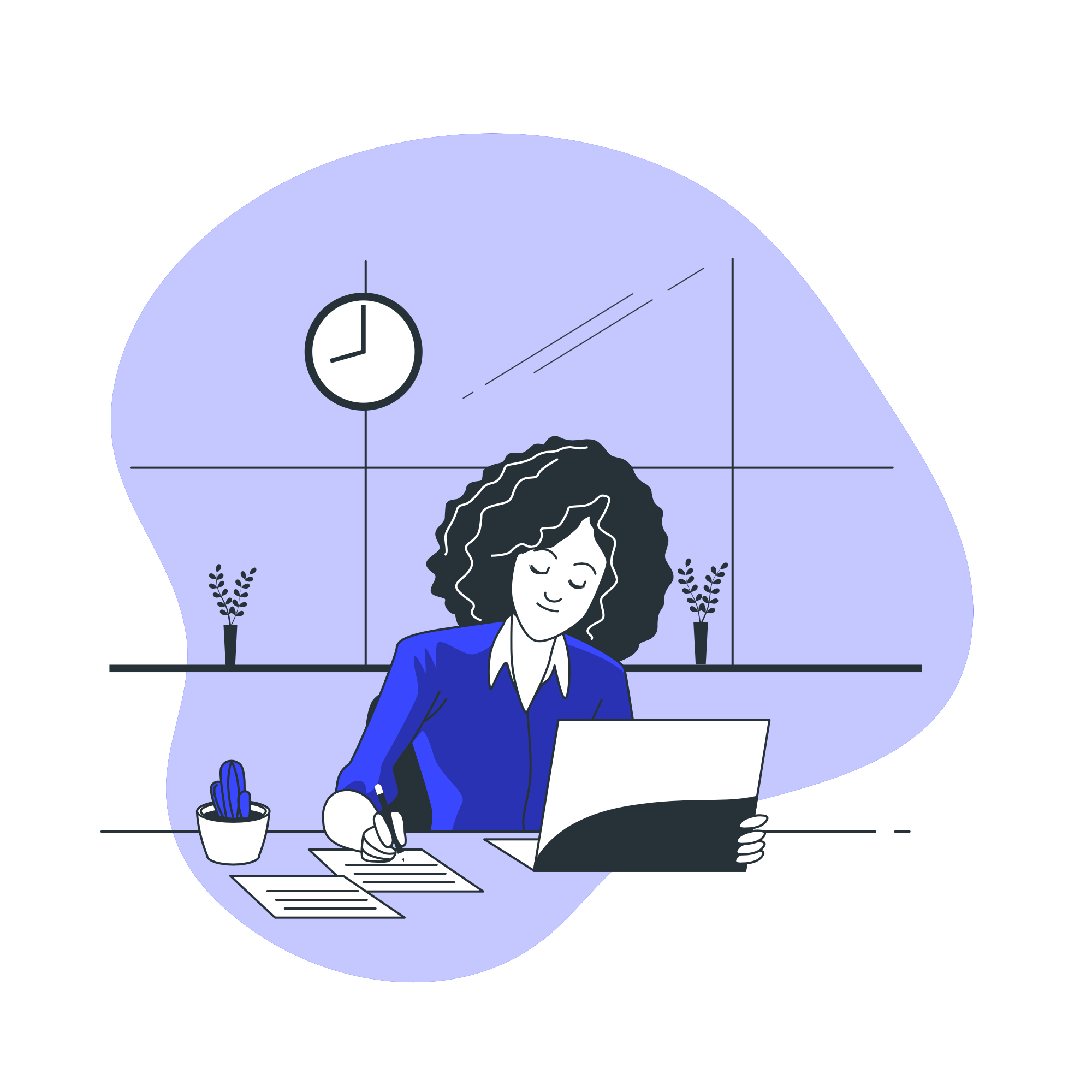 A cartoon illustration of a woman working on a laptop for services.