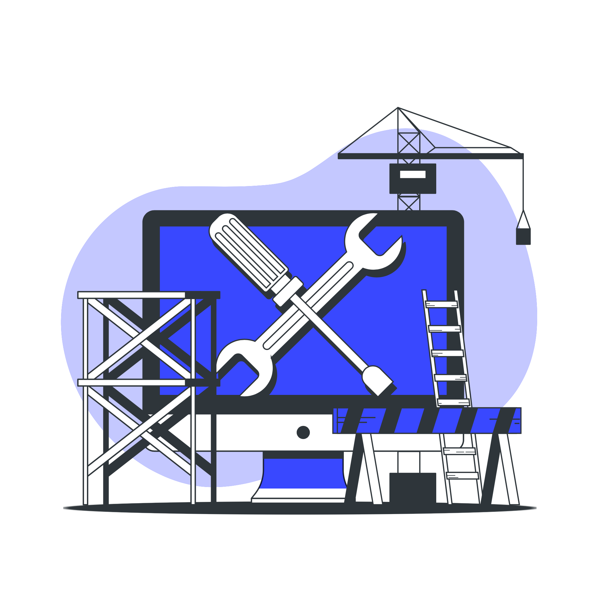 A computer with a wrench and crane on it for SEO services.