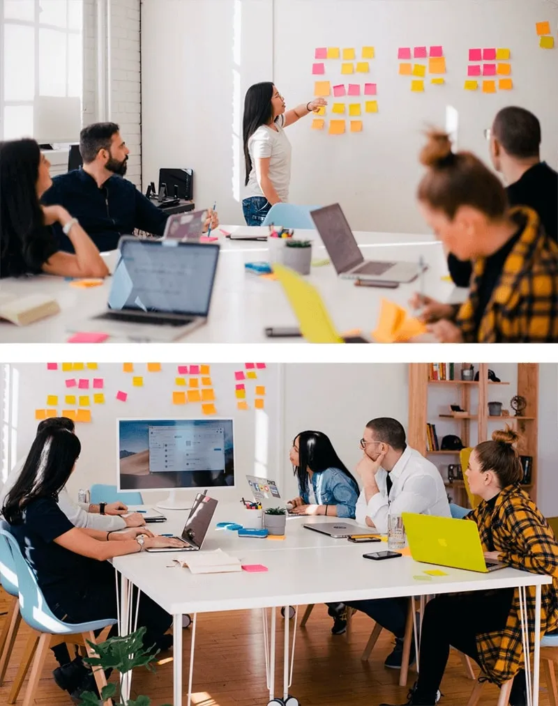 A group of people sitting at a table with sticky notes as they brainstorm ideas for a Strategic SEO campaign.
