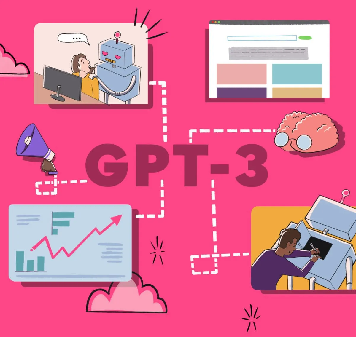 The text GPT-3 surrounding by images of robots talking to humans