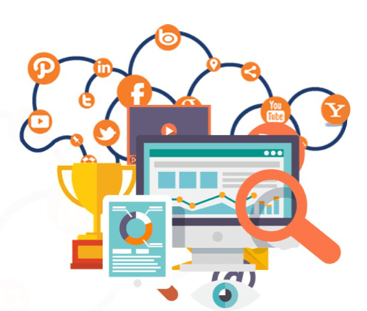 An illustration of social media marketing with a magnifying glass focusing on reputation management.