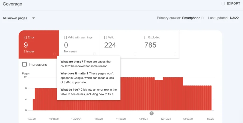 Screenshot of a Google Search Console Coverage report showing 9 errors, 224 valid pages, and 785 excluded pages, with a tooltip explaining error details and solutions.