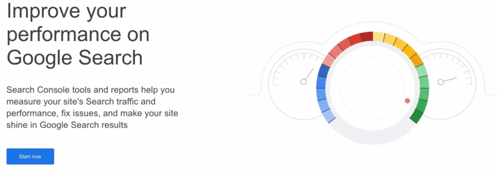 Google Search Console promotional banner showing a performance gauge with colored segments, encouraging users to improve website performance on Google Search.