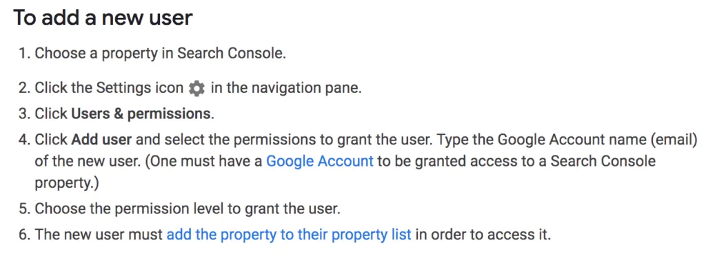 Step-by-step instructions from Google Search Console on how to add a new user, including selecting a property, clicking settings, navigating to "Users & permissions," and assigning user roles.