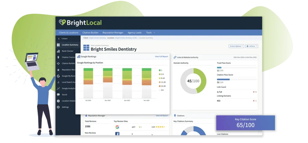 A dashboard with a person standing next to it, analyzing data using local seo tools.