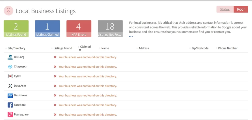 A screenshot of the local business settings page with a few useful local SEO tools.