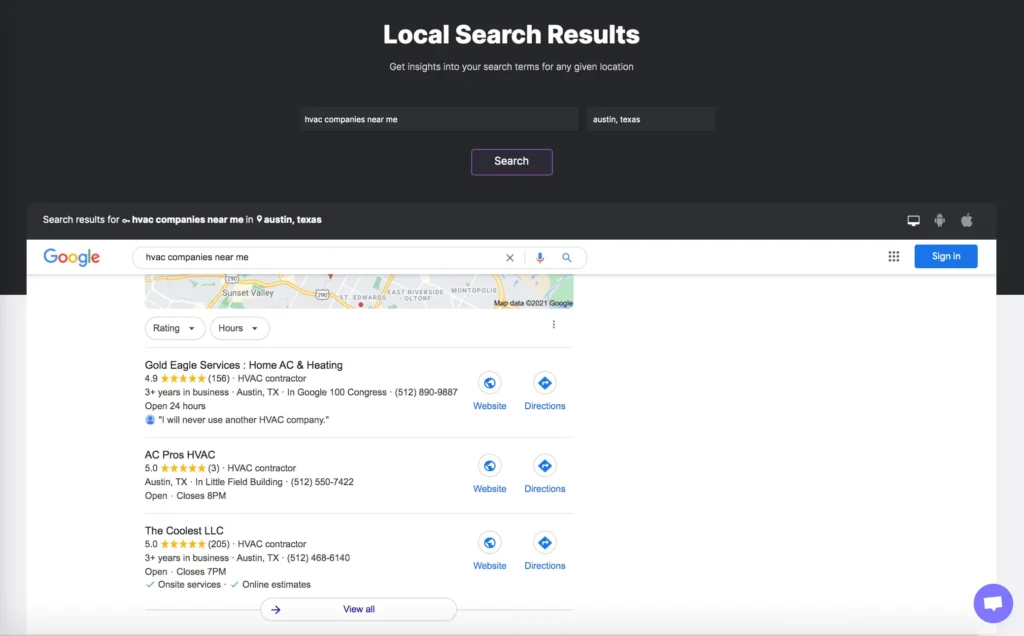 The image shows a Google search results page, highlighting the importance of local SEO tools.