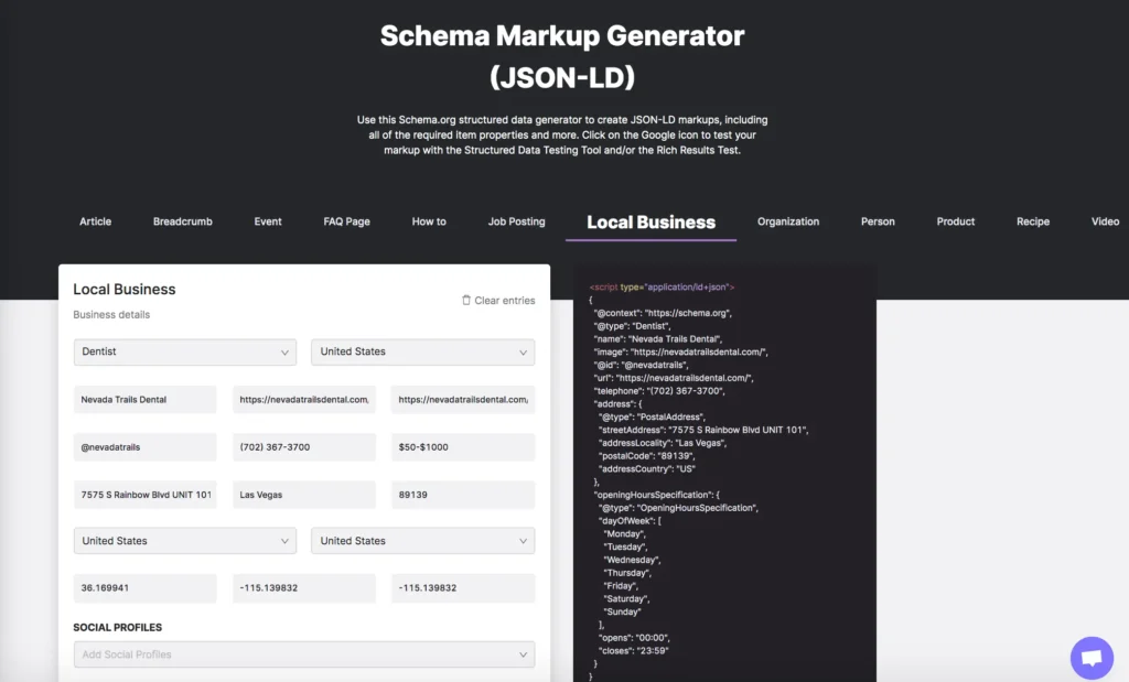 A screen shot of a website with a local SEO tools generator for SEMA.