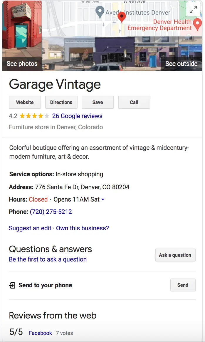 Google business listing for Garage Vintage, a vintage and midcentury furniture store in Denver, showing location, hours, contact info, review rating of 4.2 stars, and a 5/5 web review score.