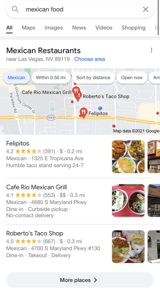 Find Mexican restaurants in the Google map pack for a quick and convenient search.