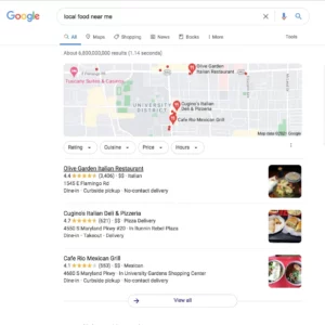 image of the SERPs for a local SEO search that displays the Google Map Pack for
