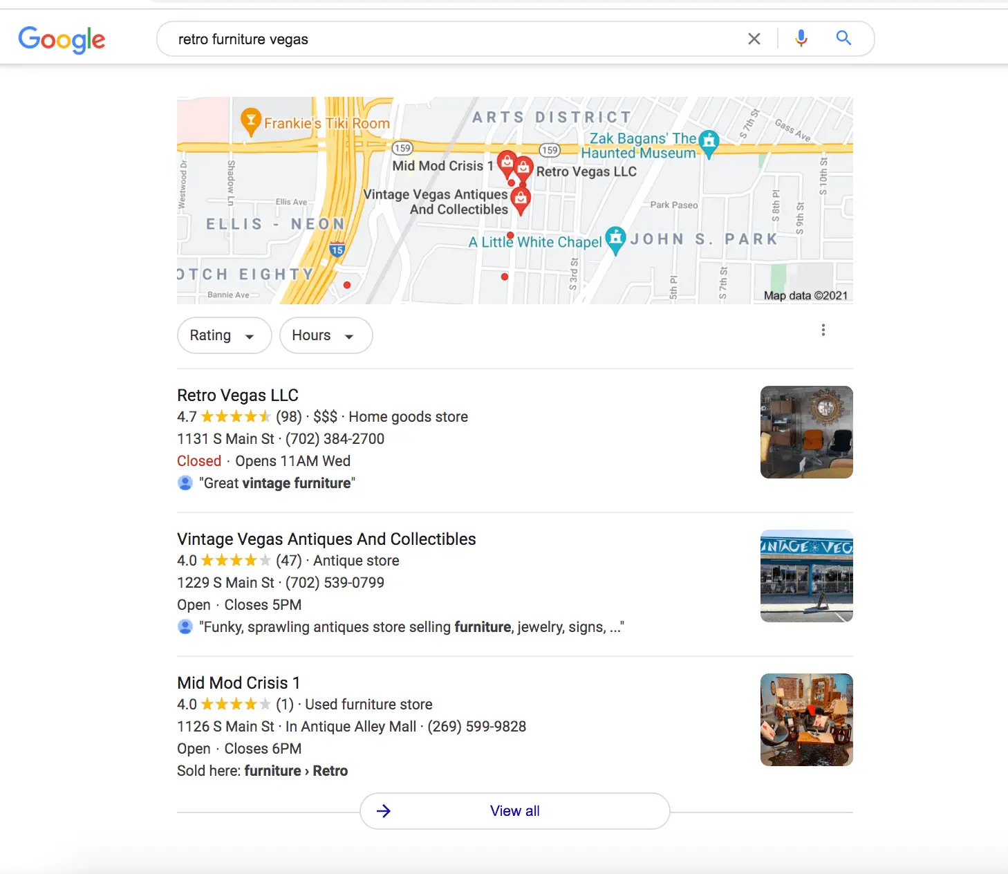 Screenshot of a Google search for "retro furniture vegas" showing a map and three listings: Retro Vegas LLC, Vintage Vegas Antiques and Collectibles, and Mid Mod Crisis 1.
