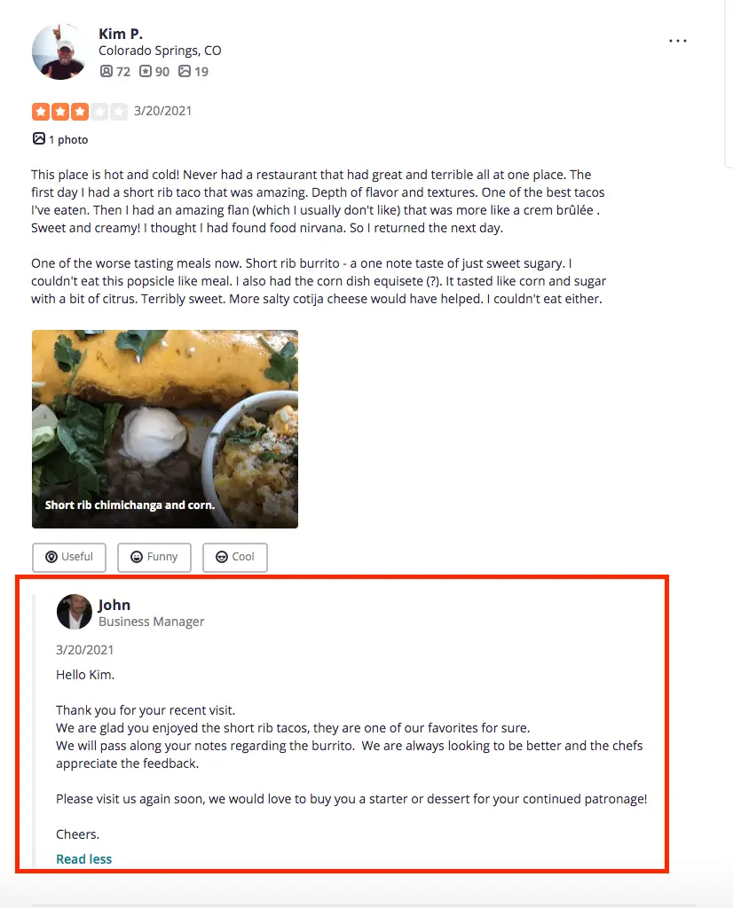 A screenshot of a review on Yelp featuring small business SEO.