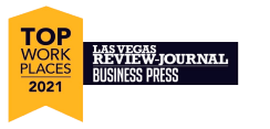 Award emblem for "top work places 2021" by las vegas review-journal business press.