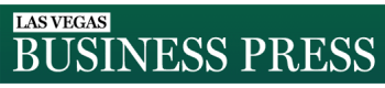 Las vegas business press logo with dark green lettering on a white background.