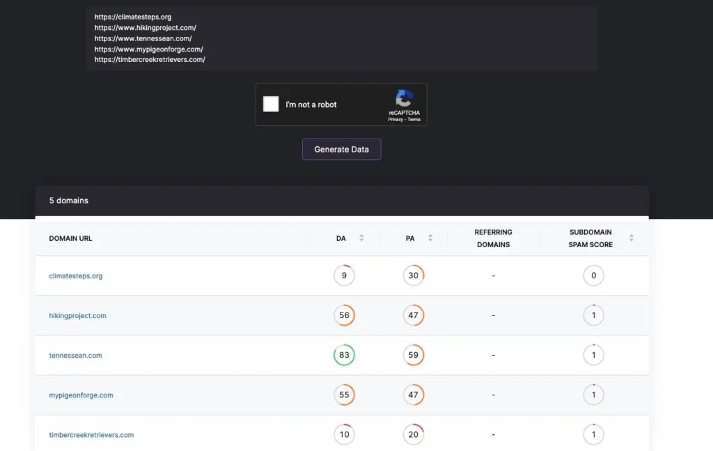 Bulk DA checker screenshot comparing websites DAs