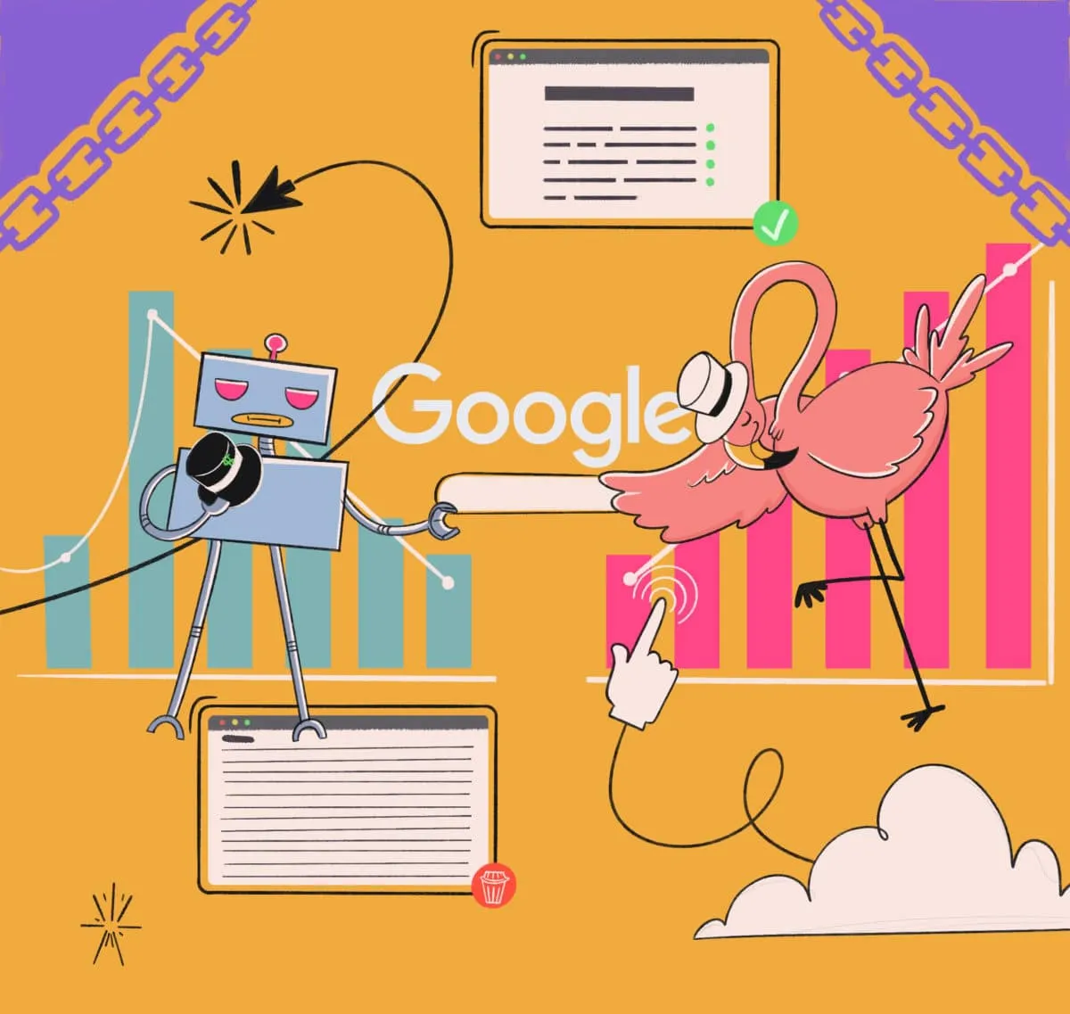 Cartoon illustration showing a pink flamingo shaking hands with a robot in front of Google branding and analytics charts, representing collaboration between automation and SEO strategies.