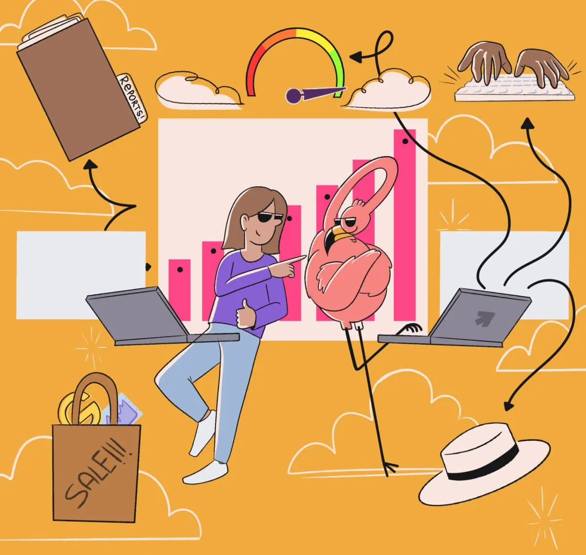 A stylized illustration of a woman engaging in various activities: online shopping, listening to music, working on a laptop, and planning a vacation.