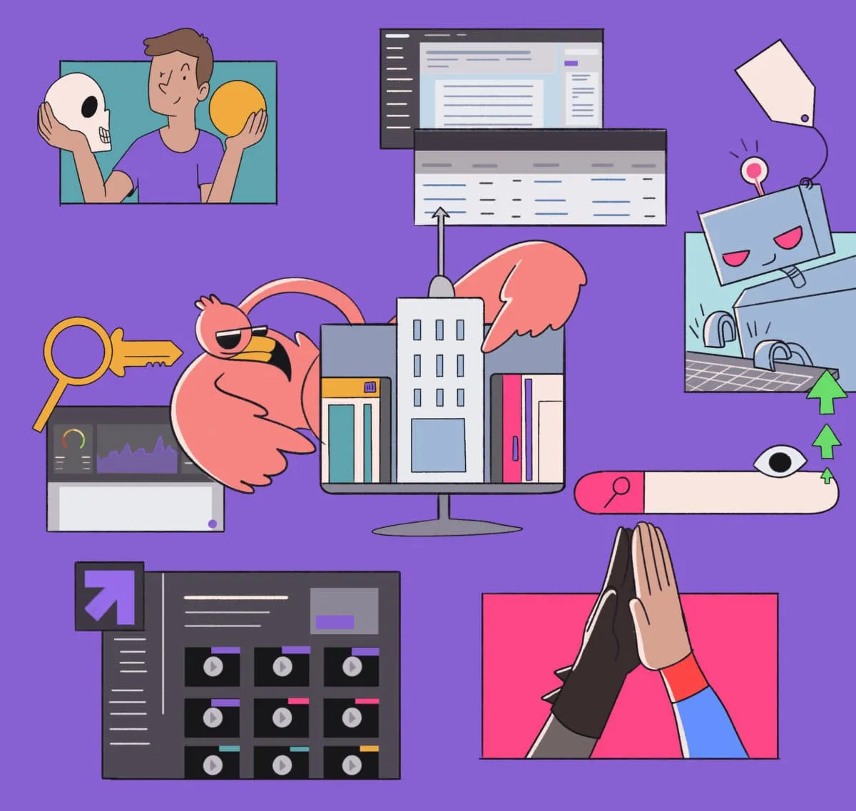 A collage of stylized illustrations depicting a variety of concepts, including creativity, technology, and collaboration.