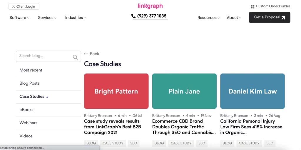LinkGraph case studies webpage showing examples of SEO campaign success stories, including Bright Pattern, Plain Jane, and Daniel Kim Law, with their respective summaries and read times.