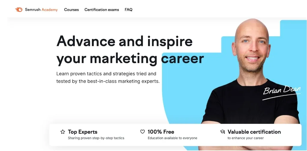 Semrush Academy banner featuring Brian Dean promoting free marketing courses and certifications
