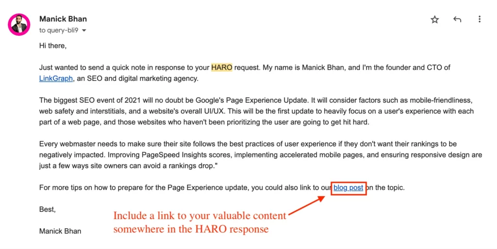 Example HARO response email from Manick Bhan with a highlighted suggestion to include a link to a blog post for added value