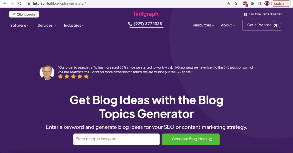A screenshot of a blog featuring a topic generator for link building outreach.
