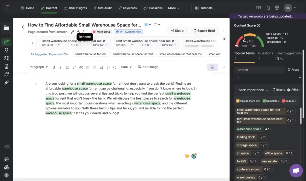 SEO content editor interface showing a blog draft titled "How to Find Affordable Small Warehouse Space..." with keywords like "warehouse space" highlighted. On the right, the content score is 4/100 with suggestions for keyword usage, headings, and topical terms.