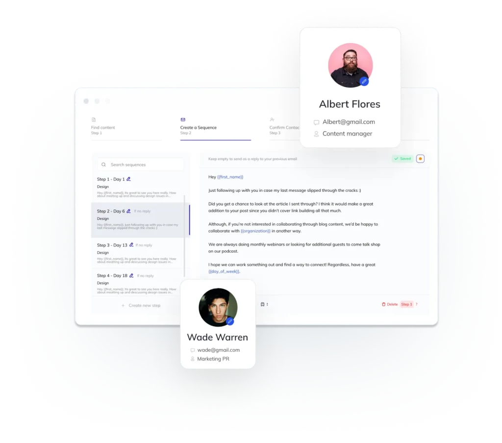 A computer interface shows an email sequence workflow with user profile cards for Albert Flores, Content Manager, and Wade Warren, Marketing PR, highlighting their roles in executing a pr plan over the interface.