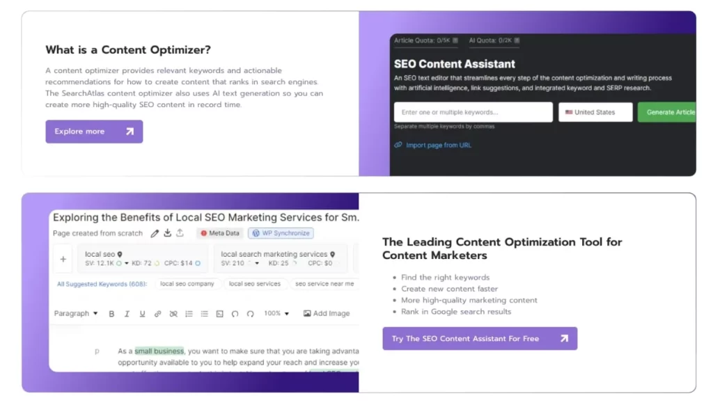 Visual guide highlighting the features of a content optimizer and SEO Content Assistant by SearchAtlas, showing keyword input tools, AI suggestions, and text editor interface for generating optimized content.